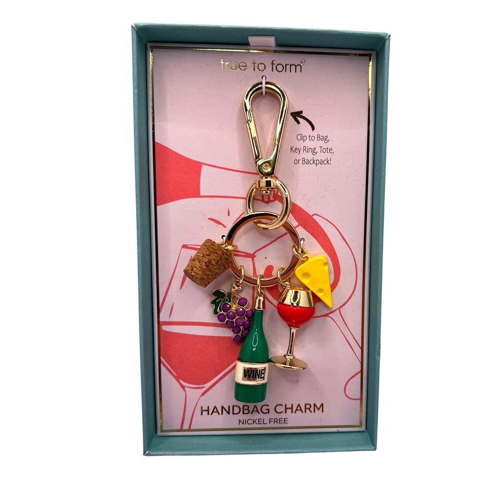True to Form Wine Handbag Charm Clip Keychain, Wine Bottle Grapes Cheese